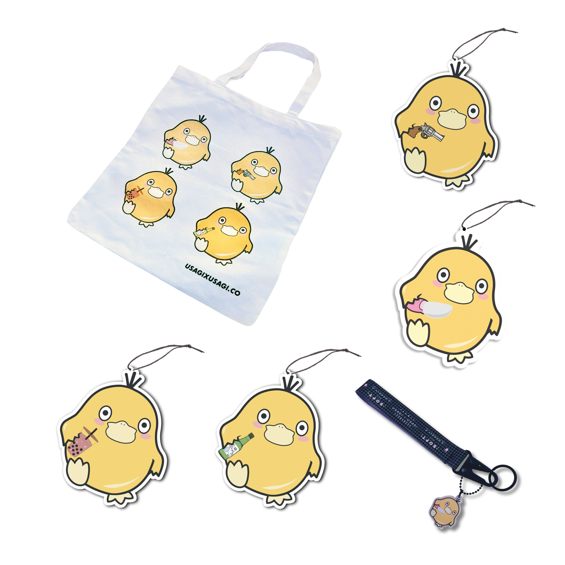Duck with Knife, Boba, Soju, and Gun Designs on Canvas Tote Bag, Air Fresheners, and Keychain