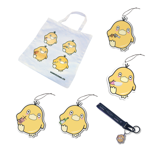 Duck with Knife, Boba, Soju, and Gun Designs on Canvas Tote Bag, Air Fresheners, and Keychain