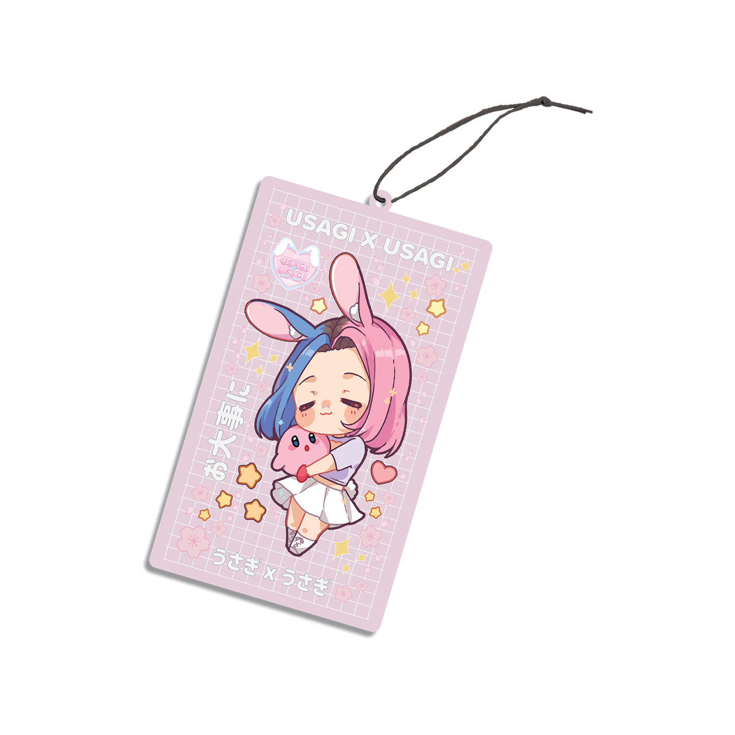 Usagi-Chan Sakura Theme Air Freshener design features Usagi x Usagi's mascot Usagi-Chan holding a Kirby plushy, in a heart cut-out top and white skirt outfit, with a sakura-themed background.