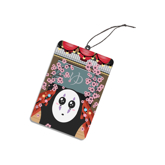 No Face Air Freshener Design features No Face from Studio Ghibli's movie Spirited Away with No Face in front of a bath house.