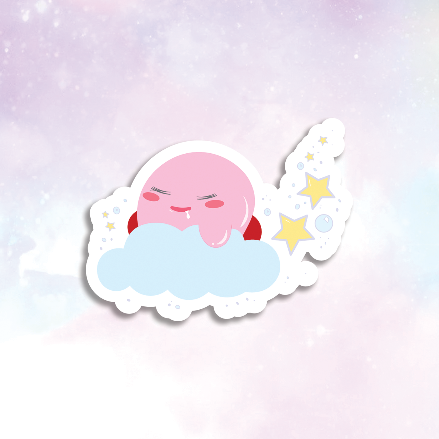 Sleeping Kirby Sticker design features Kirby sleeping on a cloud ornamented with stars and bubbles, meanwhile drooling while he snores.