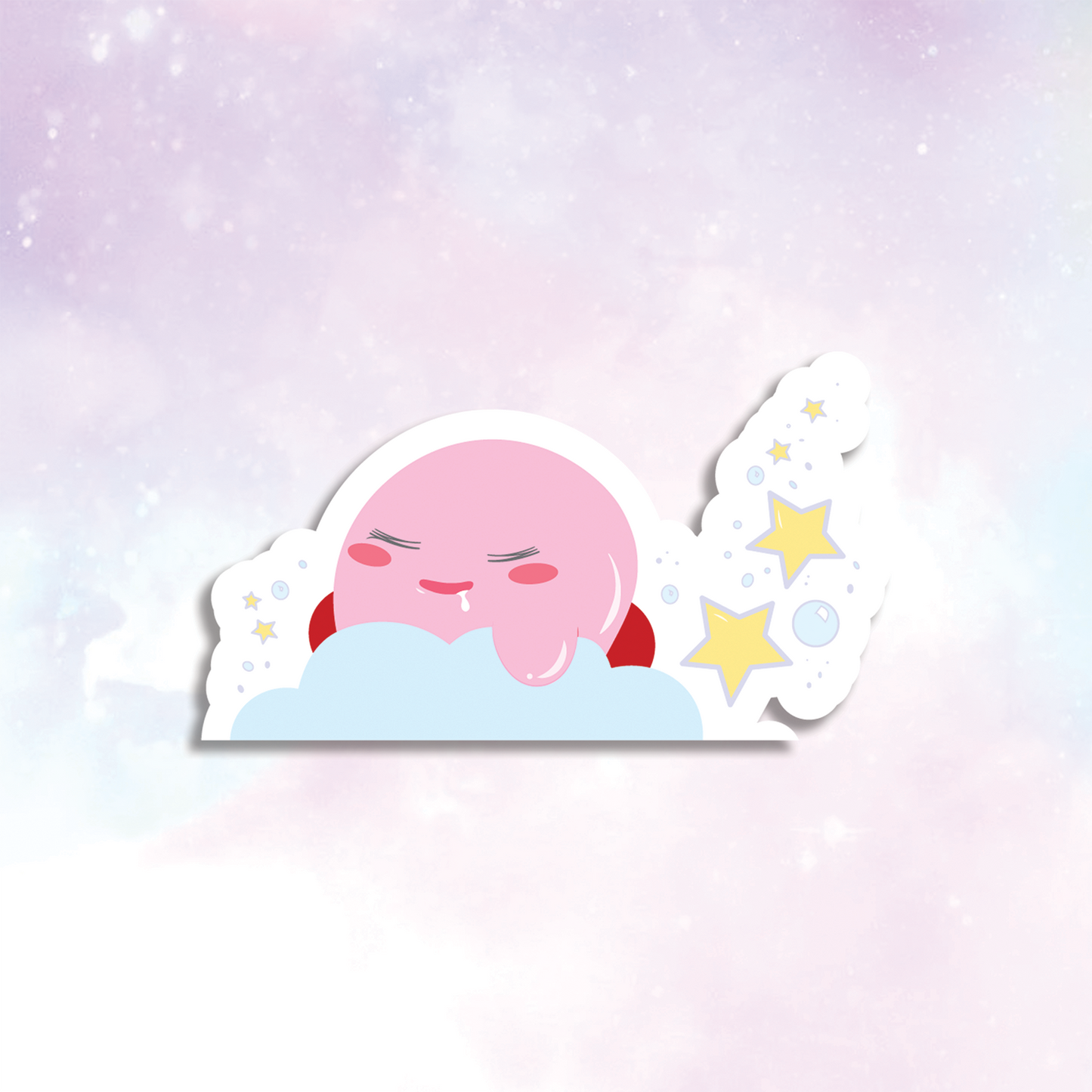 Sleeping Kirby Sticker design features Kirby sleeping on a cloud ornamented with stars and bubbles, meanwhile drooling while he snores in a peeking-over style.