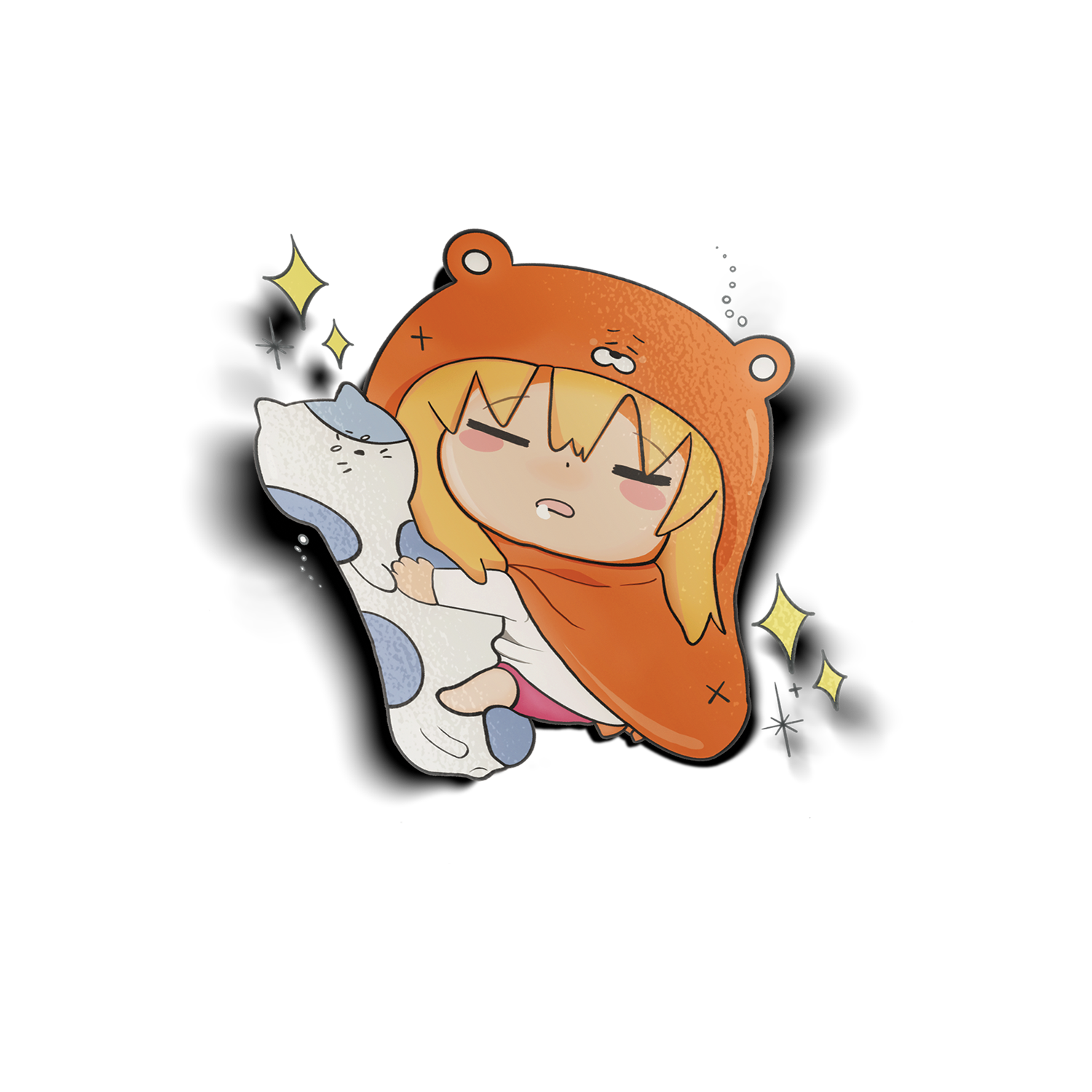 Sleeping Umaru Keychain design features Umaru from Himouto! Umaru-Chan sleeping with her long cat plushie and yellow sparkles.