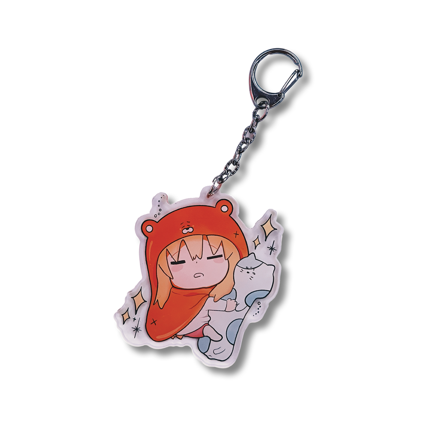 Sleeping Umaru Keychain design features Umaru from Himouto! Umaru-Chan sleeping with her long cat plushie and yellow sparkles on an acrylic keychain.