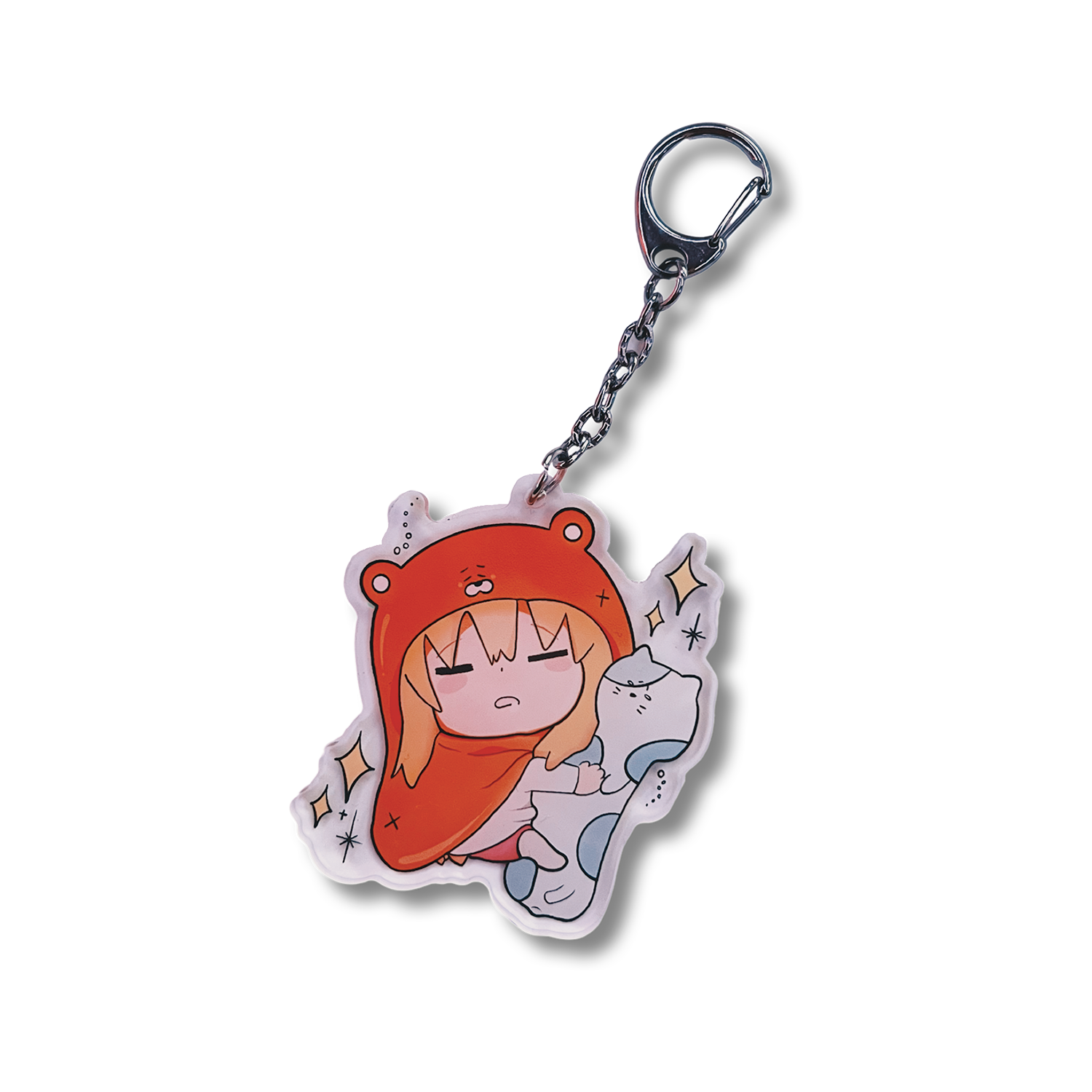 Sleeping Umaru Keychain design features Umaru from Himouto! Umaru-Chan sleeping with her long cat plushie and yellow sparkles on an acrylic keychain.