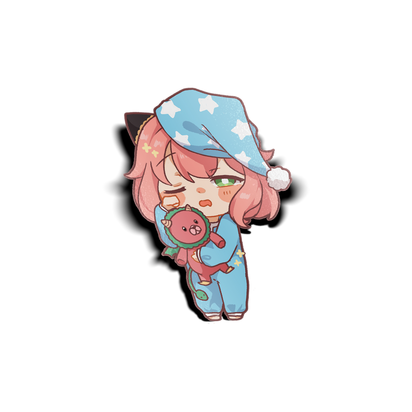 Sleepy Anya Mini Sticker design features Anya Forger from Spy x Family sleepy in pajamas, holding her chimera plushie.