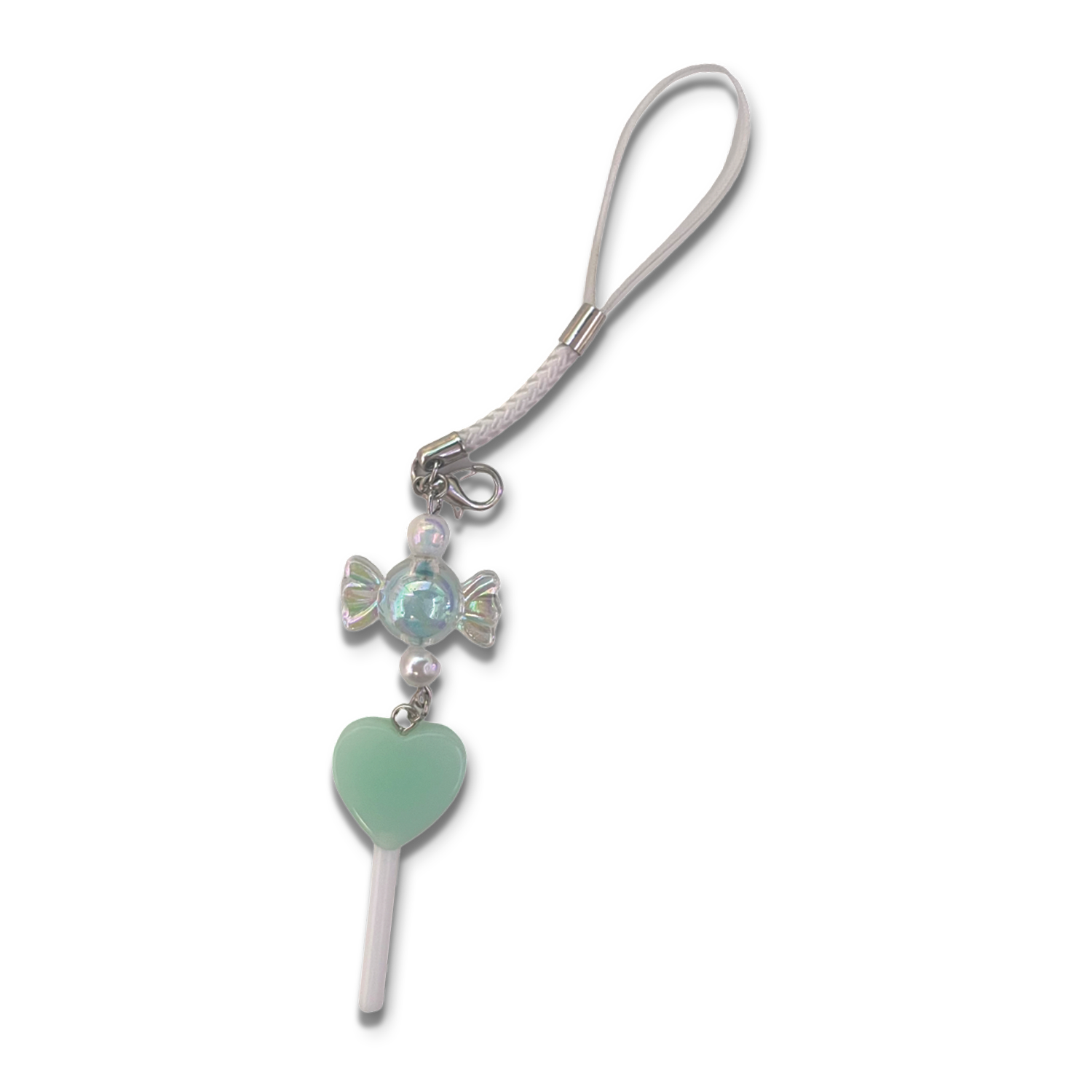 Small blue lollipop and blue candy charm with white braided phone strap.