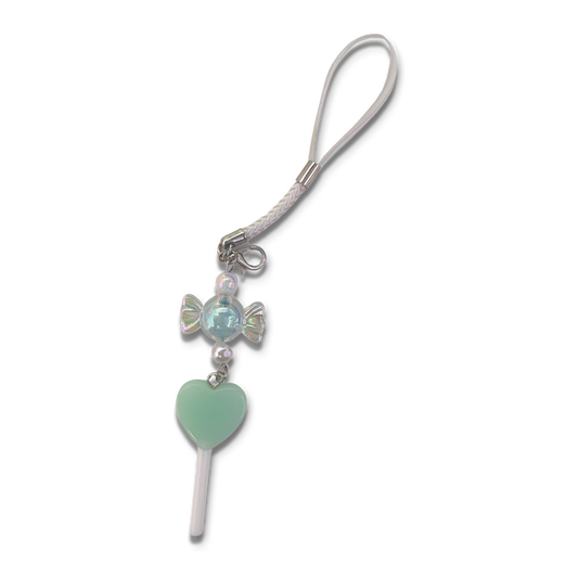 Small blue lollipop and blue candy charm with white braided phone strap.