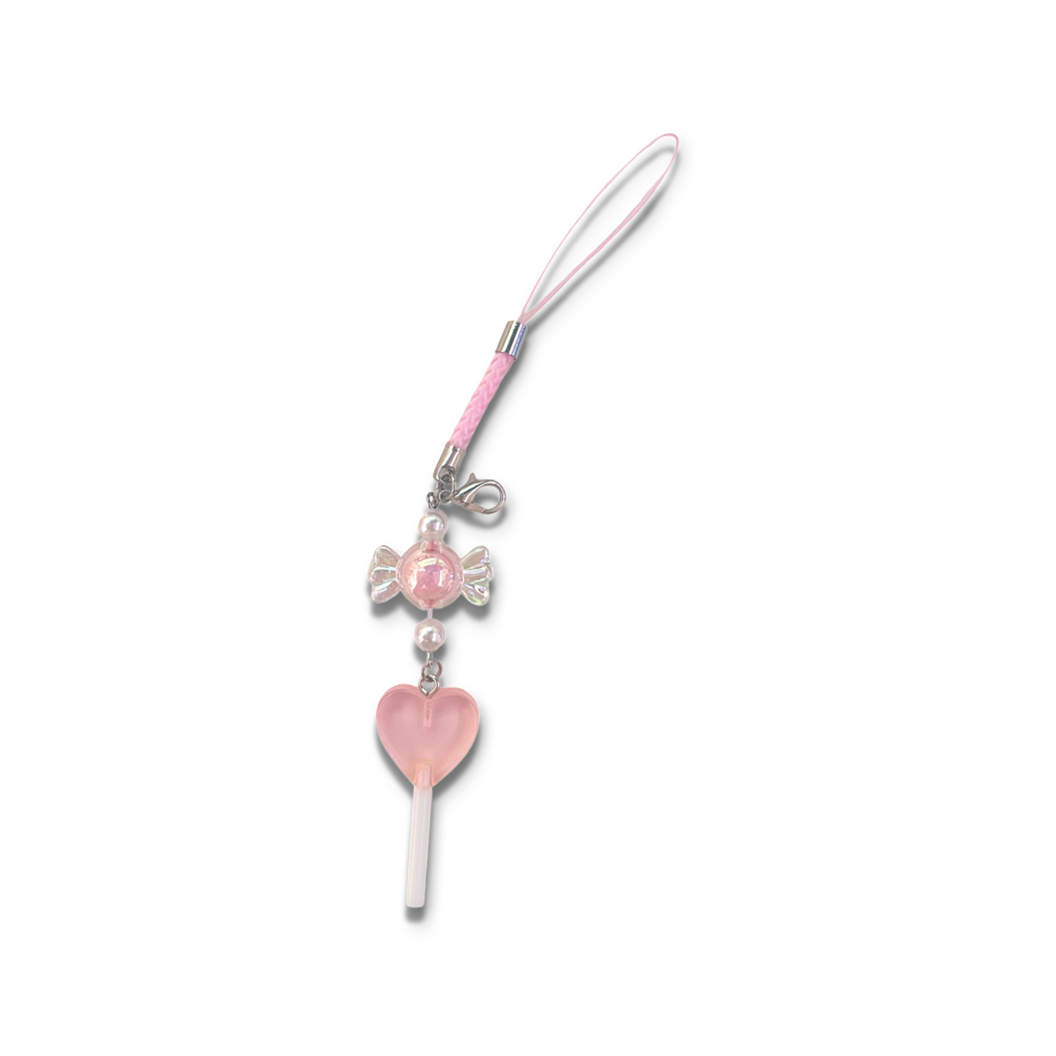 Small pink lollipop and pink candy charm with pink braided phone strap.