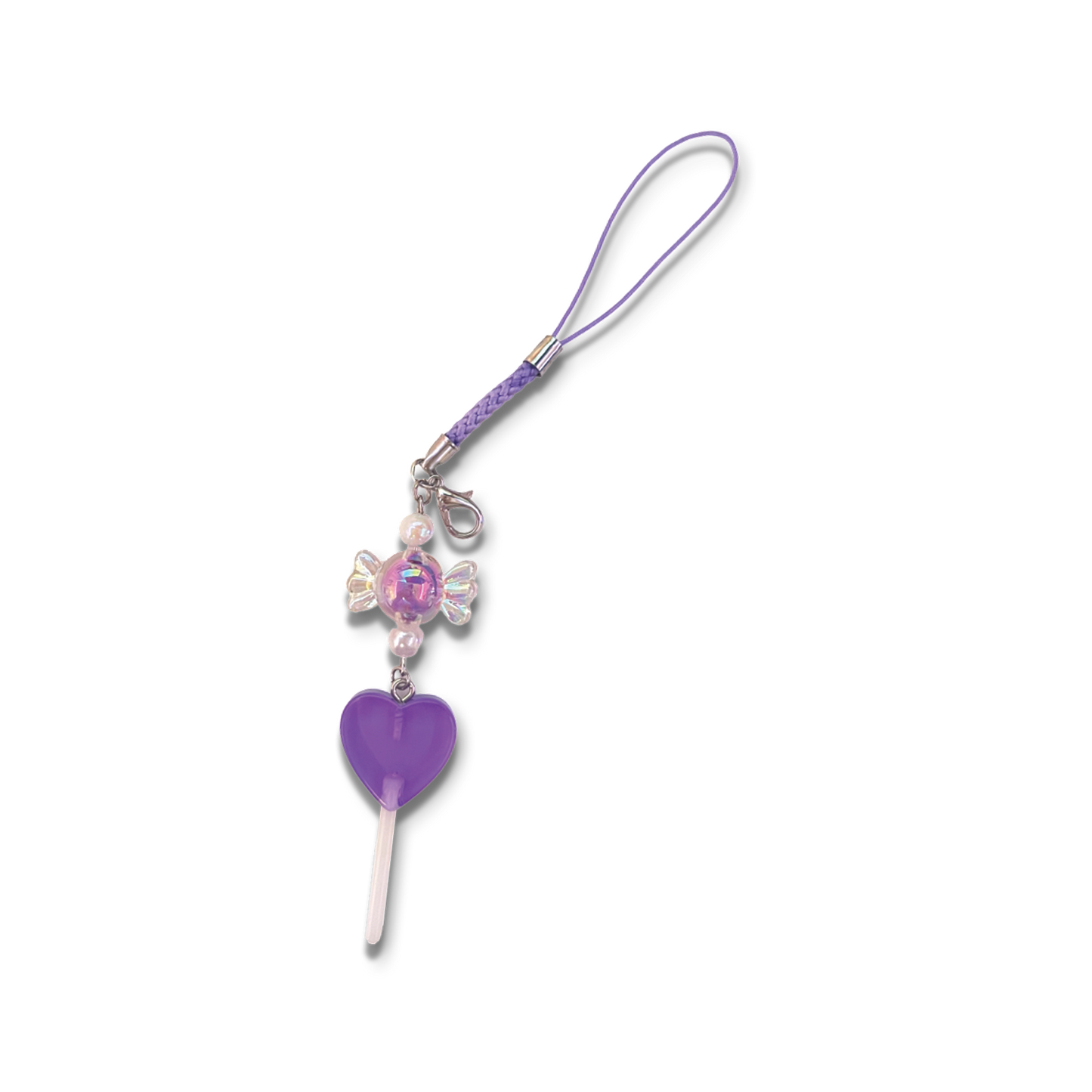 Small purple lollipop and purple candy charm with purple braided phone strap.