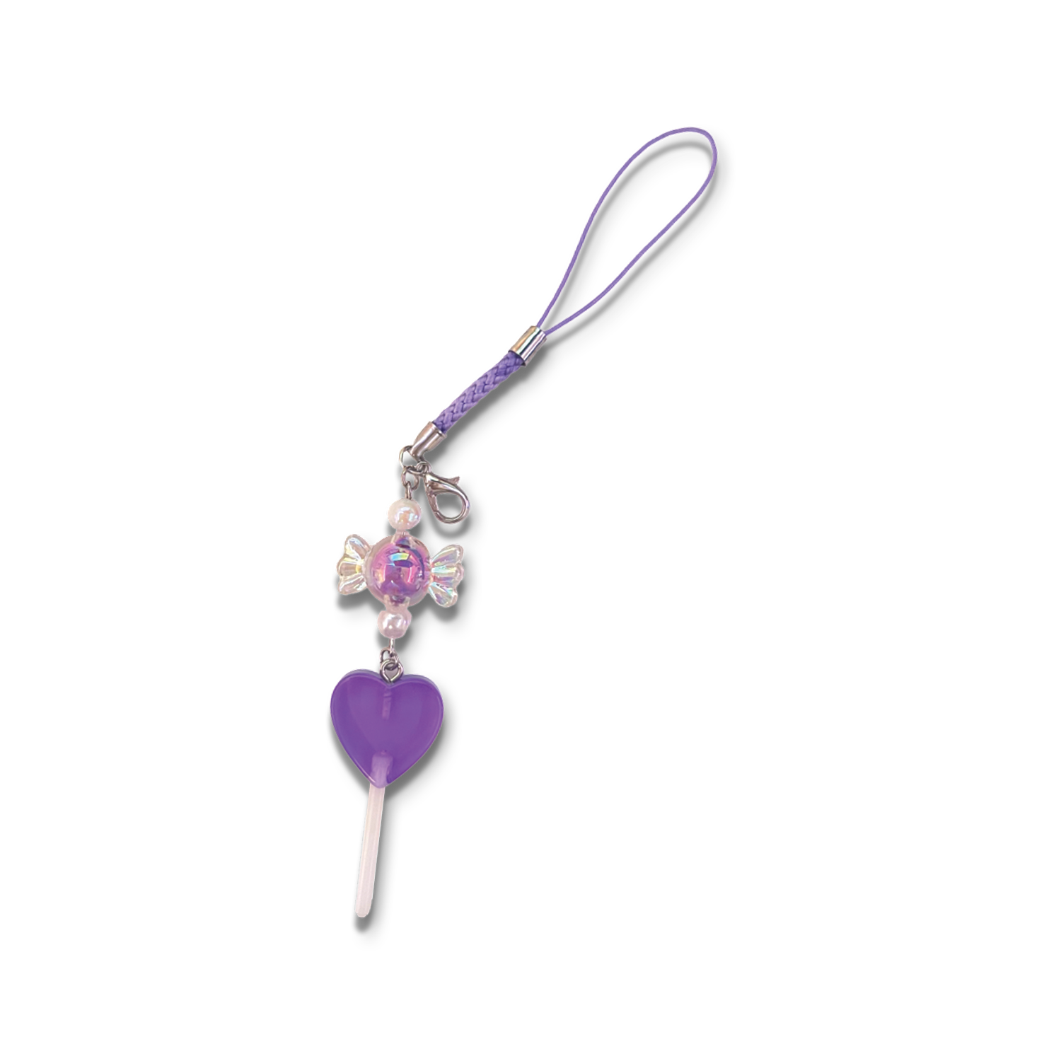 Small purple lollipop and purple candy charm with purple braided phone strap.