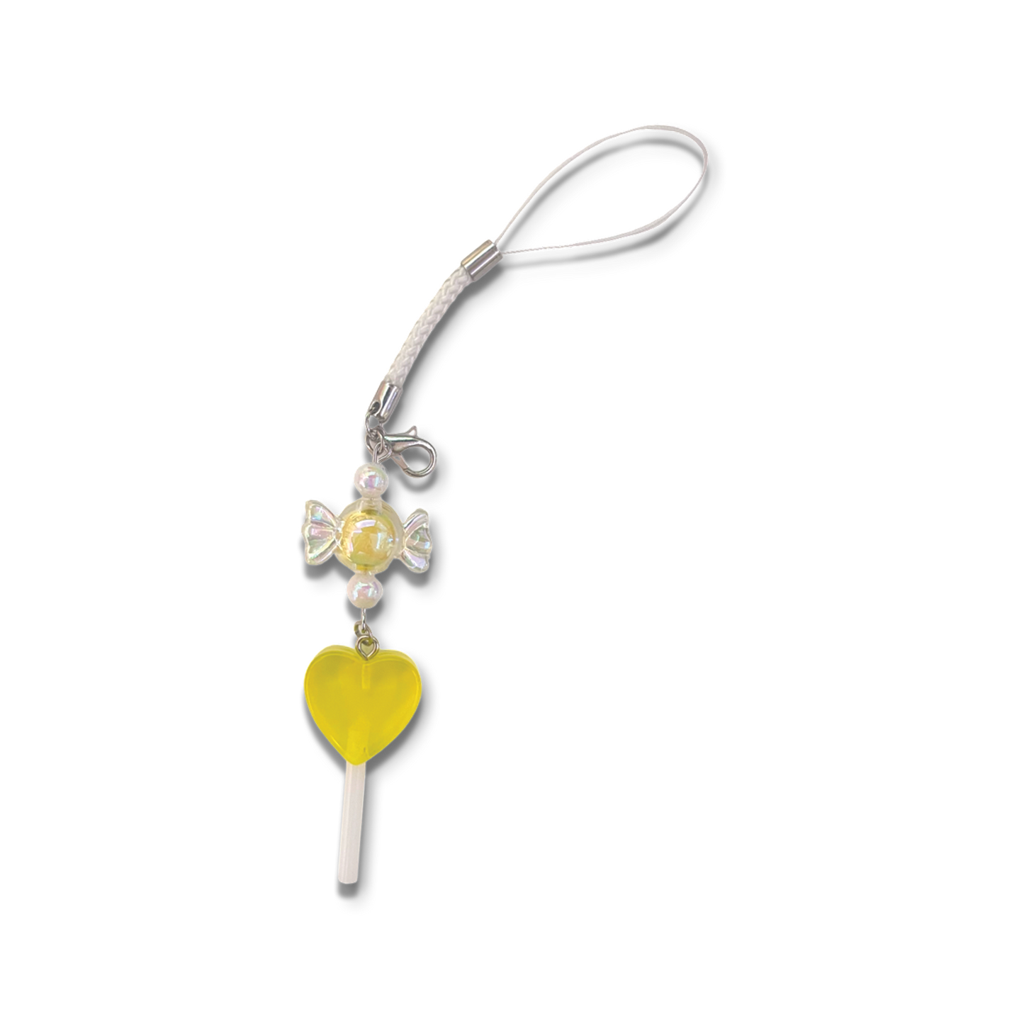 Small yellow lollipop and yellow candy charm with white braided phone strap.