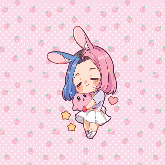 Usagi-Chan Chibi Mini Sticker design features Usagi x Usagi's mascot Usagi-Chan holding a Kirby plushy, in a heart cut-out top and white skirt outfit.