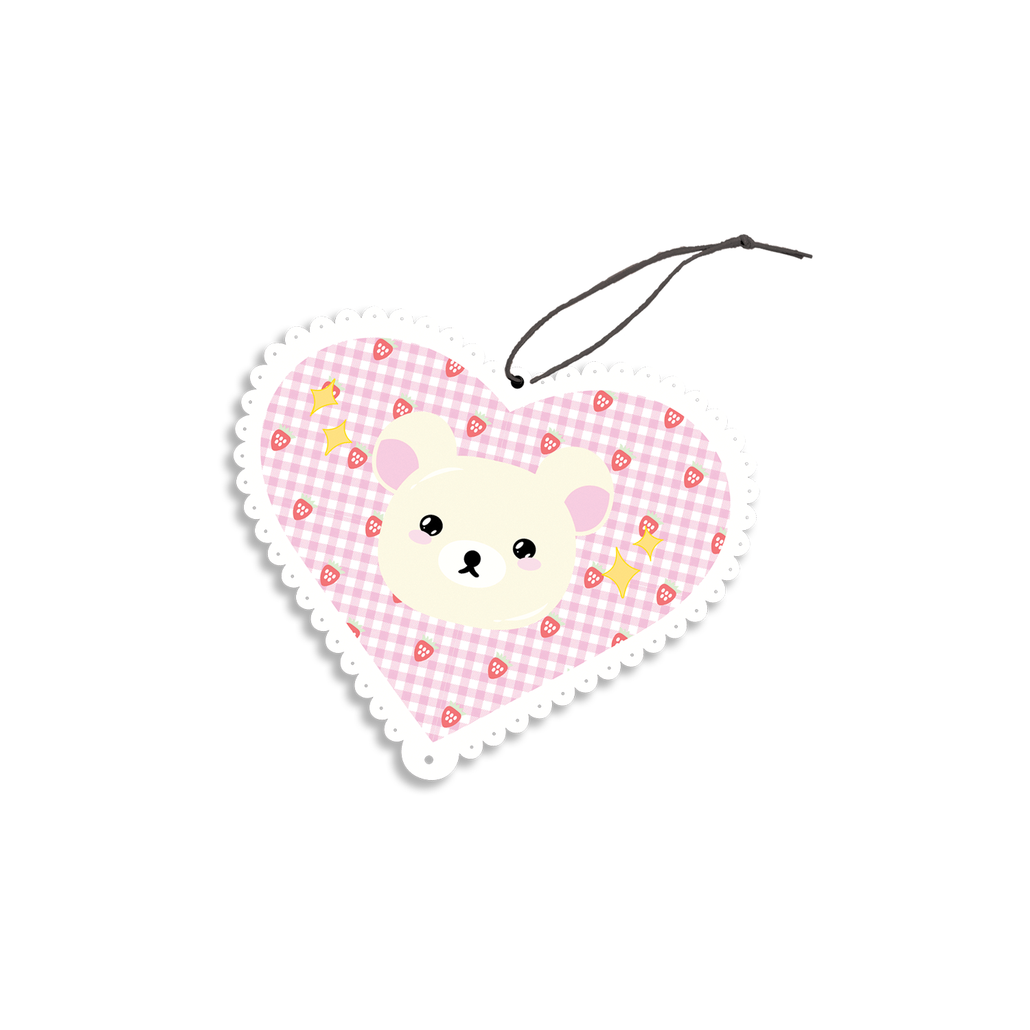 White Bear Air Freshener design is a white bear inside a pink lace-scalloped heart with yellow sparkles.
